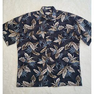 Pierre Cardin Shirt Leaves Print Button Down Short Sleeve Cotton Black/Tan L